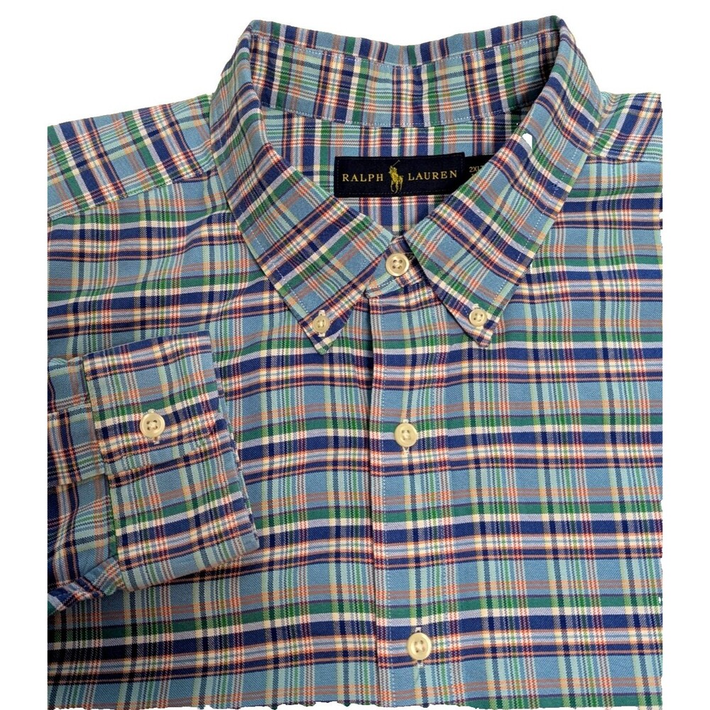 Ralph Lauren 2XLT Big Tall Long Sleeve Button Down Shirt Blue Green Plaid Cotton